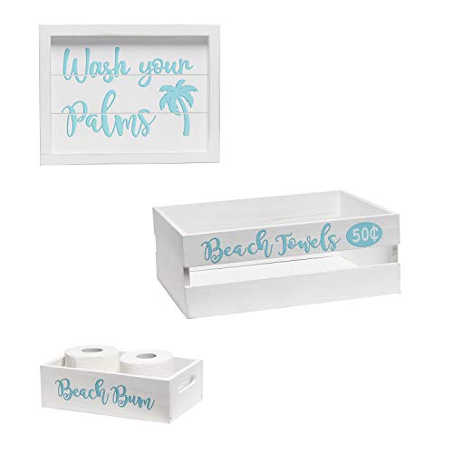Elegant Designs HG3000-WBH Three Piece Decorative Wood Bathroom Set White Wash Aqua Blue Color Palm Tree Towel and Toilet Paper Storage Crate and Holder, Quote Frame, Coastal/Beach/Large - Image 2