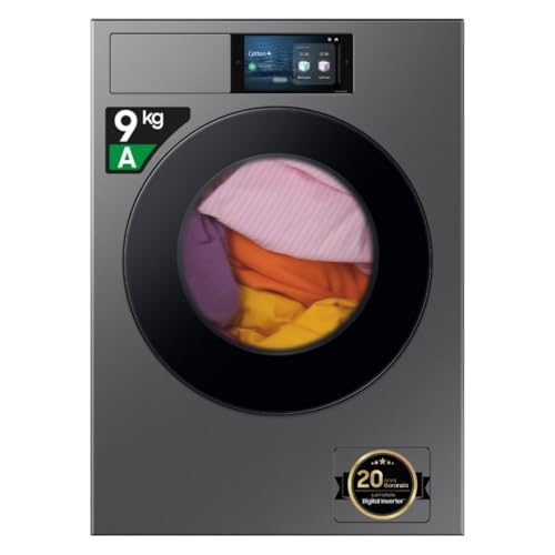 Samsung Lavatrice BESPOKE AI Laundry WF90F09C4S/U3 Libera installazione, 9 Kg, Wifi, Ecodosatore, Display AI Home, Classe Energetica A-55%, Corpo: Dark Silver Steel, Oblò: Nero, 60l x 85h x 60p cm