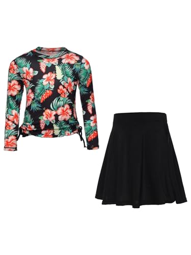 Big Girls Floral UPF 50+ Swim Top with Swimskirts Built-in Bottoms Athletic Rash Guards