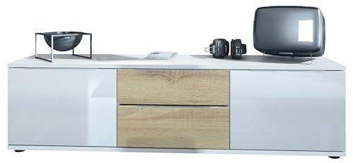 Vladon Tavolino TV Linio V1, Tavolo TV con 2 Ante e 2 cassetti - Bianco/Quercia segato Grezzo (138,5 x 37,5 x 35 cm)