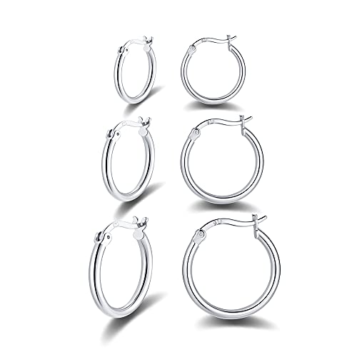 3 Paires Boucles d'oreilles Femme Créoles Petites en Argent Fin 925 Plaqué Platine, Creoles Crochets, Diamètre 13,15,20mm Cover