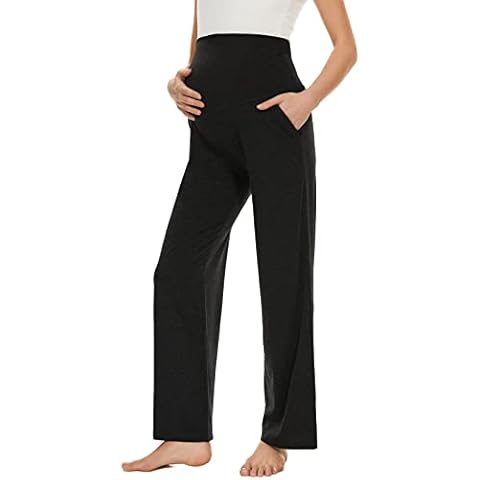 Ecavus Women's Maternity Wide/Straight Versatile Comfy Palazzo Lounge Pants Stretch Pregnancy Trousers with Pockets, Black With Pocket, XXL Cover