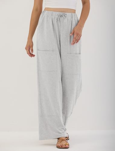 ZAFUL Womens Baggy Wide Leg Pants Casual Elastic Waist Lounge Palazzo Barrel Sweatpants Light Grey L — view 3