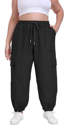 OLRIK Plus Size Cargo Pants for Women Adjustable Drawstring Joggers Casual Loose Baggy Trousers with Pockets