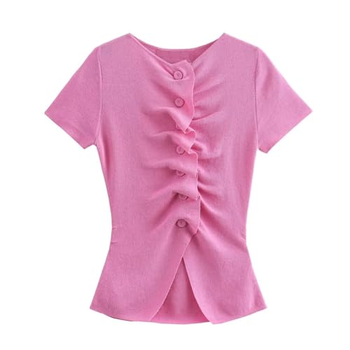 Women's Round Neck Short Sleeve Summer Knitted Slim Fit Button Ruffled Top Cardigan