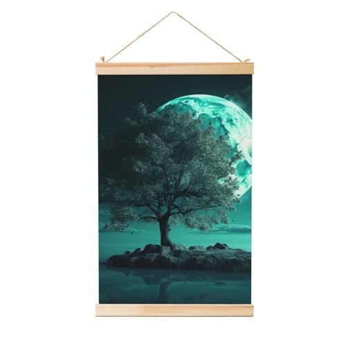 Peinture murale arbre bleu sarcelle tableau décoration salon cadre bois
