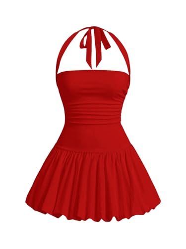 SweatyRocks Damen Minikleid A Linie Kleid Neckholder Sommerkleid mit Rüschen Ärmelloses Kleid Freizeitkleid mit Rücken Rot S