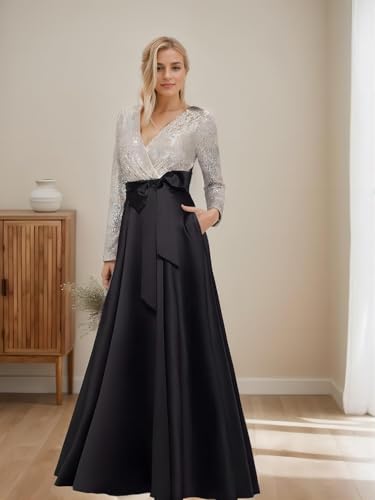 A-Line Formal Elegant Evening Gown Delicate Wedding Guest Dress Fall Long Sleeve Floor Length Satin Sequin 20244