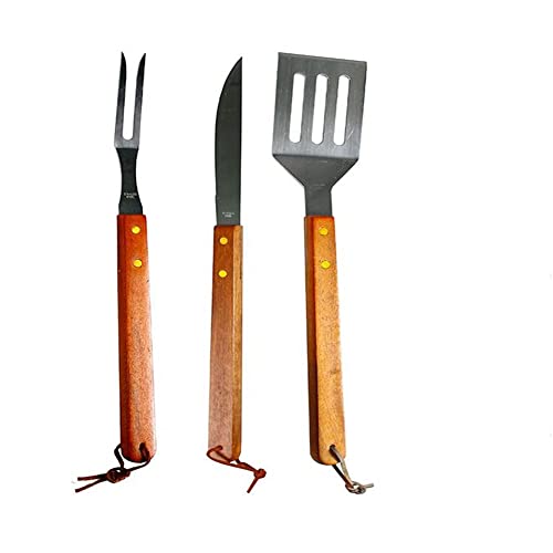 Vetrineinrete® Set 3 utensili per barbecue forchettone paletta e coltello lama 16 cm attrezzi da cucina acciaio manico in legno grill carne 60204 C24