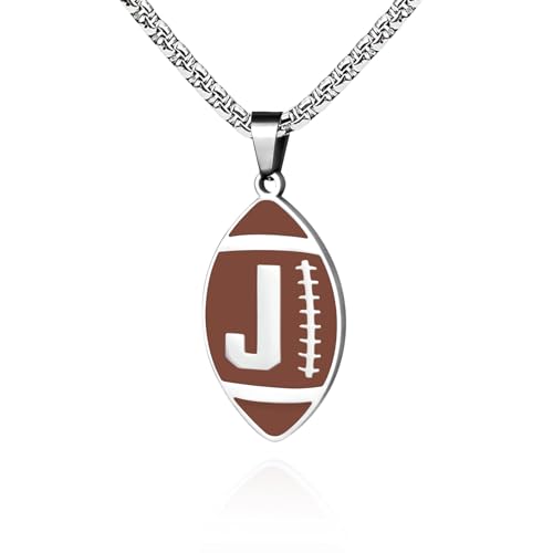 Initial A-Z Letter Football Necklace for Men Boys Sports Charm Pendant - Stainless Steel Football Chain Personalized Gifts for Team Player Athlete Lover Fans