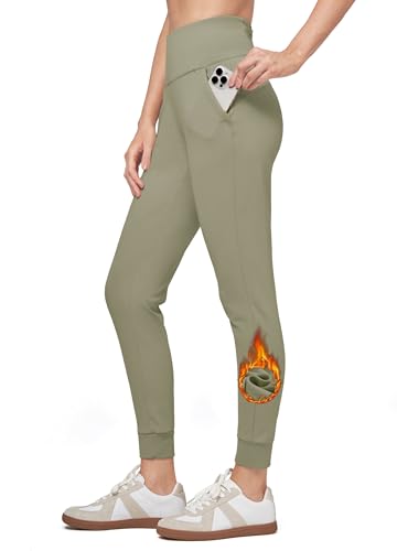 Willit Women's Fleece Lined Jogger Pants Zipper Pockets Water Resistant Winter Hiking Sweatpants Thermal Running High Waisted