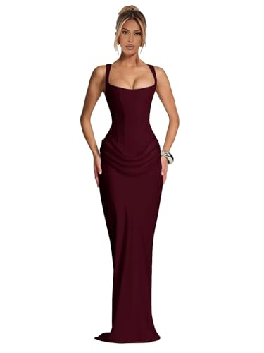 Sougoue Corset Satin Prom Dresses Sexy Long Mermaid Pleated Dress for Women 2026 Spaghetti Straps Cocktail Party Gown Burgundy 4