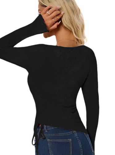 Women’s Long Sleeve Rib Knit Top 2025 Asymmetrical V Neck Slim Fit Thin Shirt with Adjustable Drawstring Fall Casual Basic2