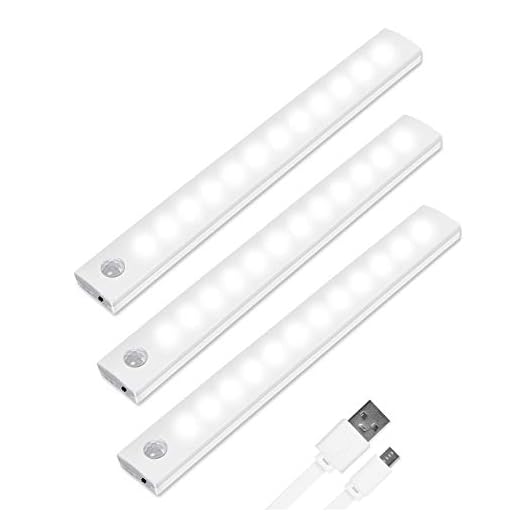 Vicloon Iluminacion Luz sin cables Portatil, 3 Pc Luz Armario con Sensor de Movimiento con Auto en/Apagado/Siempre en, USB Recargable LED Armario con 2 Tiras Magnéticas, para Escalera, Cocina (Blanco)