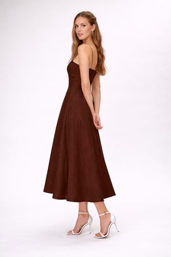 Image of Women's Spaghetti Strap Midi Dress, Fit and Flare A-Line Silhouette, Square Neck Summer Sundress