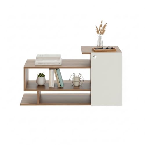 Image of FURNEASER Hanoi Modern Engineered Wood Coffee Table with Door & Storage Shelves | Center Table for Living Room & Sofa Area | Multi Level Open Rack Design | DIY Furniture (Exotic Teak & White)