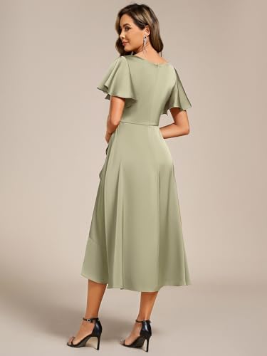 Image of Ever-Pretty Women's V Neck Satin Short Sleeve A Line Hi-Lo Midi Asymmetry Hem Bridesmaid Dress 02318