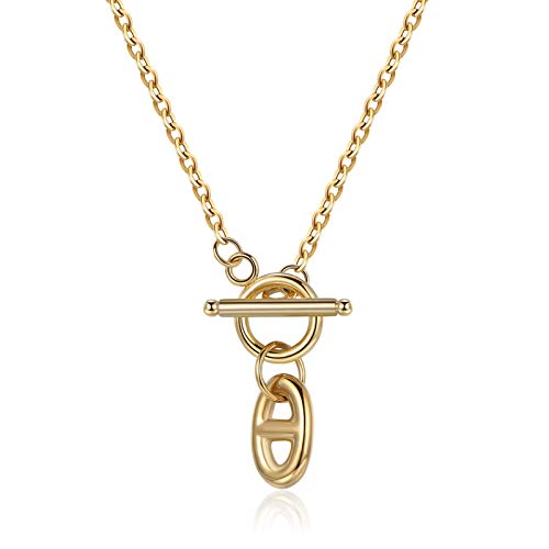 UEUC 14K Gold Chunky Thick Link Chain Necklace, Medallion Coin Pendant OT Toggle Y Style Oval Link Satellite Chain Necklace for Women