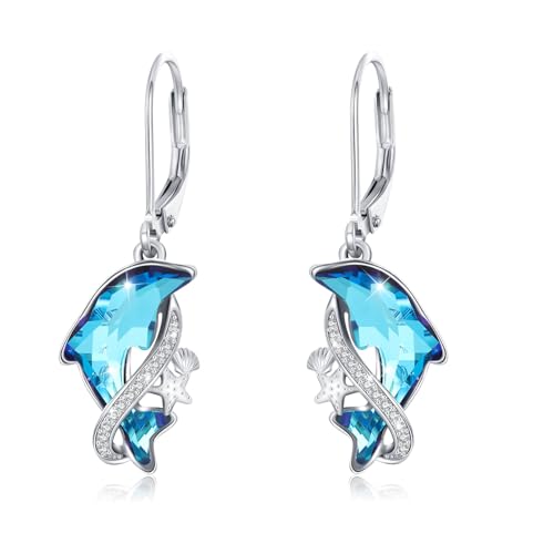 Boucles d'oreilles dangle dauphin en argent sterling avec cristal dauphin Hoop Boucles d'oreilles océan Animal Goutte Boucles d'oreilles pour boucles...