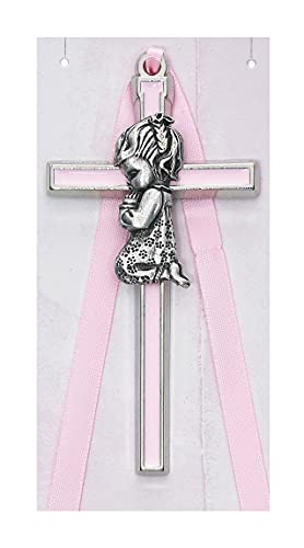 CatholicStore Prayng Girl Cross with Pink Enamel & Ribbon, Fine Pewter, 3-1/2