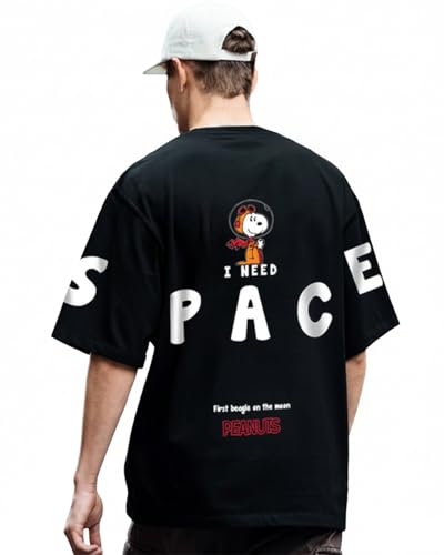 Image of Bewakoof X Peanuts Snoopy Men's Cotton Graphic Print Oversized Fit Half Sleeve Round Neck T-Shirt | Casual Wear | Street Wear | Oversized t Shirt for Men Cotton | Baggy