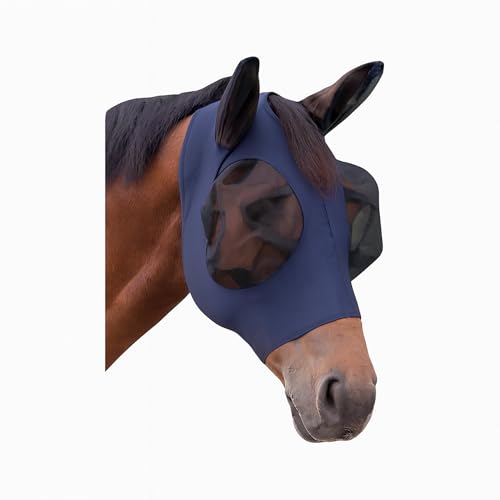 ARBO-INOX- Fliegenmaske mit Ohrenschutz-Fliegenhaube –Pferdemaske mit Reißverschluss- Elastische Passform gegen Insekten- Navy -Verschiedene Größen