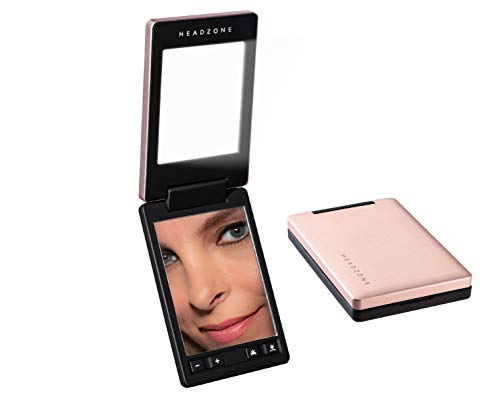 Headzone Compact Lighted LED Makeup Mirror | Luxurious Aluminum Finish | 11 Brightness & Color Settings | Perfect for Travel | USB Rechargeable | Rose Gold