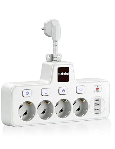 Xeletu 4 Steckplätzen Steckeradapter mit Touch Nachtlicht 2 TypC 2 USB Anschlüssen Steckdose EU Steckdosenleisten Einzelschaltbar Überspannungsschutz Steckerleiste für Büro...