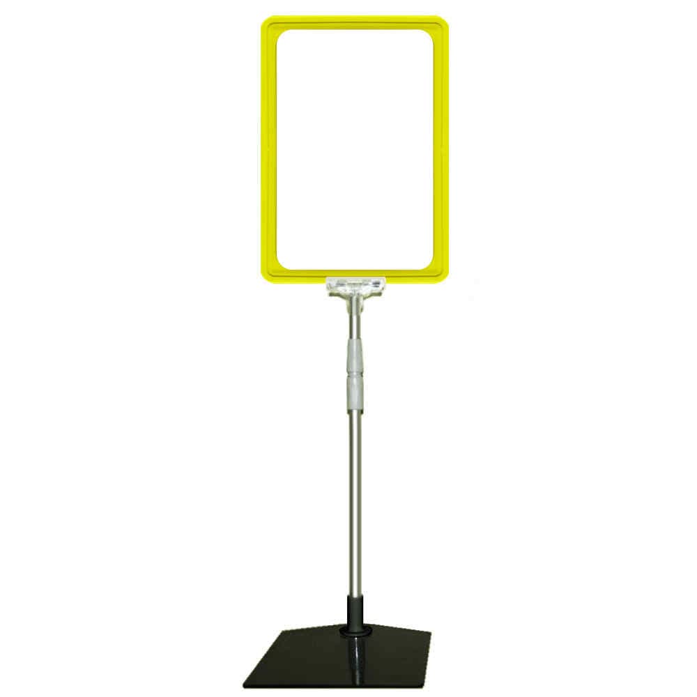 12 Plakatständer DIN A4 Rahmen gelb, Teleskopständer höhenverstellbar bis 580 mm mit Teleskoprohr ALU Kunststoff, Fuß eckig 160x192 mm Stahl schwarz, Kundenstopper, Aufsteller
