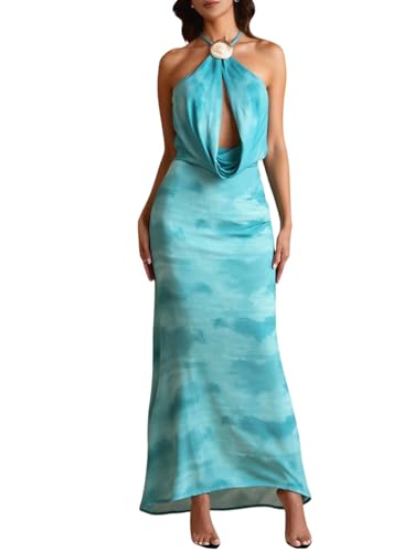 Women's Backless Halter Maxi Dress Elegant Tie Dye Cowl Neck Bodycon Wedding Guest Party Dresses