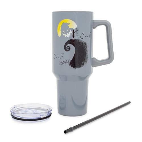 Image of Silver Buffalo Disney Nightmare Before Christmas Featuring Oogie Boogie, Jack Skellington, and Sally Double Walled Stainless Steel Tumbler with Handle and Straw, Fits in Standard Cup Holder, 40 Ounces