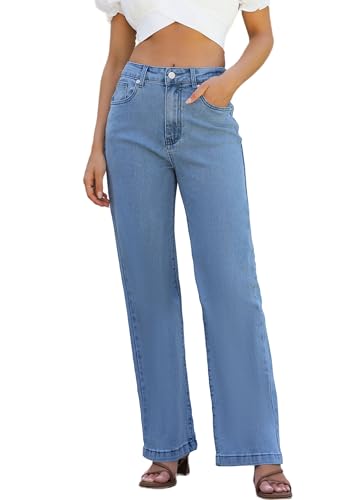 ETTELO Womens Jeans High Waisted Straight Leg Loose Stretchy Lightweight Tummy Control Trendy Jeans for Women 2025 Blue