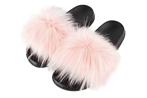 Image of Hangrui Women's Faux Fur Slides, Open Toe Cute Fluffy Slippers, Comfortable Furry Sandals