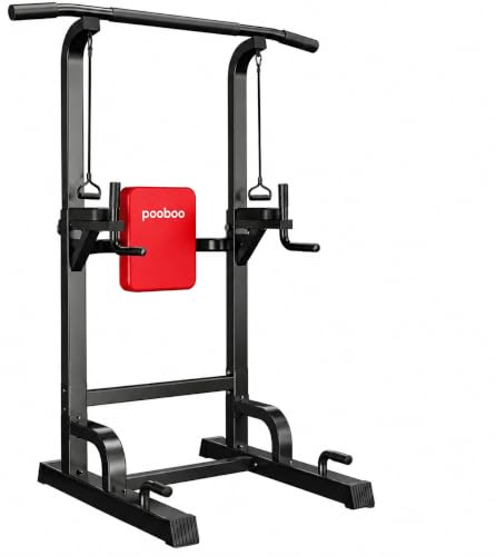 Image of Pooboo Power Tower Dip Station Pull Up Bar for Fitness Home Gym Workout,450 Pounds Multi-Function Adjustable Height Fitness Strength Training Exercise Equipment,with Power Elastic Ropes