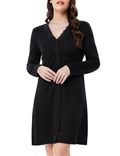YueYue Stillnachthemd Damen - Baumwolle, Langarm - Mit Knopfleiste Für Schwangerschaft