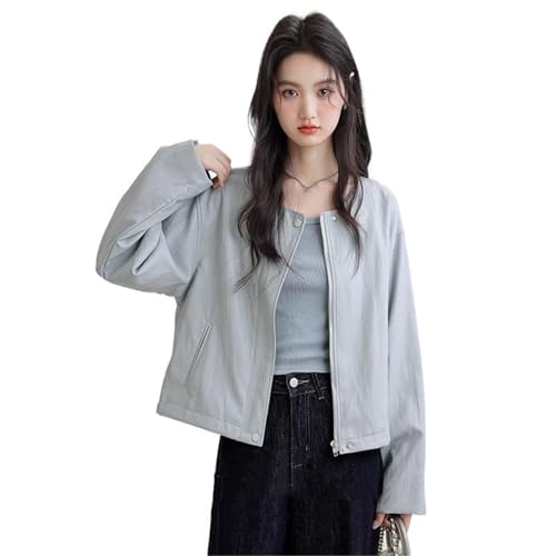 Veste en simili cuir bleue femme mi-saison blouson court col rond
