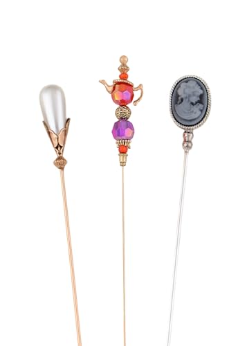 Image of Alilang Magic Lamp Pearl Lady Camo Rose Heart Rhinestones 3Pcs Vintage Long Handle Hat and Lapel Pins with Flexible Bendable Design