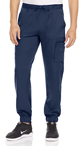 MediChic Men's Scrubs Joggers Pants with 6 Pockets and Elastic Ankle Cuffs in 5 Colors Navy