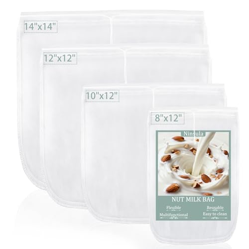 Ninsula 4PCS Nut Milk Bag, Food Grade Nylon Cheese Cloth Bag, Straining Reusable Fine Mesh Strainer for Tea, Yogurt, Juice, Cheese, Soup, Herbs, Vegetable Juice (8"x12"/14"x14"/10"x12"/12"x12")