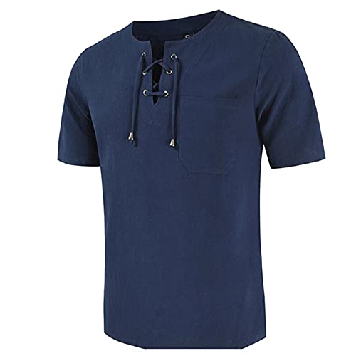 Camisa de lino y algodón para hombre, de manga corta, con cordones, cuello en V, con bolsillo, para verano, informal, hawaiana, ropa de playa, Camisa hawaiana azul marino para hombre, algodón y lino
