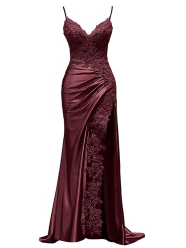 Satin Prom Dresses with Sllit Mermaid Spaghetti Straps Lace Appliques Long Mermaid Formal Evening Gowns for Women