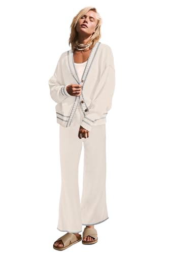 Image of Womens Two Piece Outfits Sweater Sets Open Front Knit Cardigan and Wide Leg Pants Sweatsuit Lounge Sets