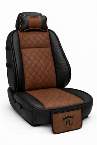 Image of Ultra Comfort Luxury PU Leather Light Brown Seat Cover Cushion for All The Cars,SUV,Office Chair,Home Chair with Neck Rest Pillow-Easy Strap Fit,Pocket Flap(Universal Fit,1 Pack)