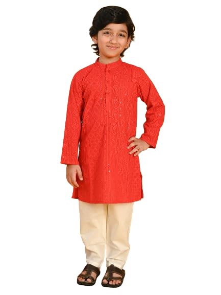 Image of Saka Designs Boy's Embroidered Kurta & Pyjamas - Red