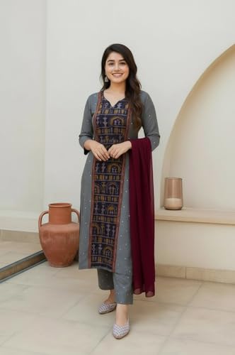 Image of ANNI Designer Women's Rayon Viscose Printed Straight Kurta with Pant and Dupatta | Stylish Ethnic Wear Set for Women | Casual, Festive & Office Wear Kurti Set