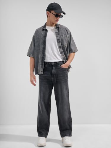 Image of Highlander Men Men's Premium Loose Straight Fit Mid-Rise Cotton Lycra Jeans - Button Closure, Machine Washable, Comfortable All-Day Wear for Casual & Semi-Formal Occasions