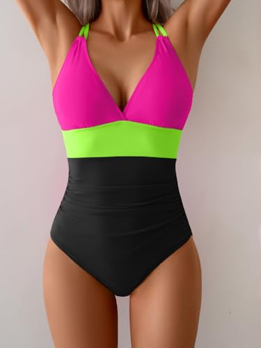 Women's One Piece Color Block Swimsuit Tummy Control Slimming Bathing Suit V Neck Cutout High Waisted Swimwear4