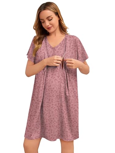 Image of SWOMOG Nursing Nightgown 3 in 1 Labor and Delivery Hospital Gown Maternity Dress Short Sleeve Birthing Robe for Breastfeeding
