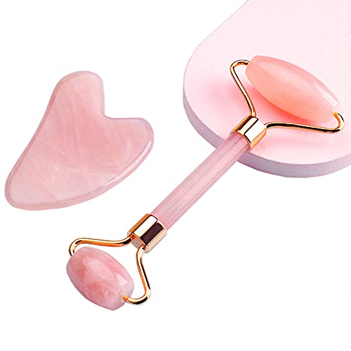 HappyGo Jade Roller for Women,Gua Sha Scraper Massager Rose Quartz Eye Roller Skin Care Tools for Face, Eyes, Neck, Body,Gift to Mom Wife Female Friend