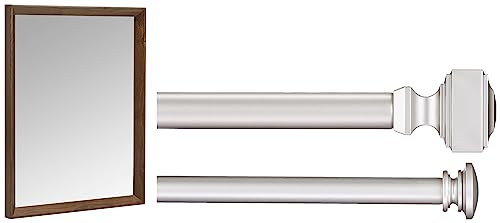 Image of AmazonBasics 1 inchW Double Extendable Tension Curtain Rods with Square Finials Set, 36 inch to 72 inch, Nickel & AmazonBasics Rectangular Wall Mirror 41 x 51 cm - Peaked Trim, Walnut